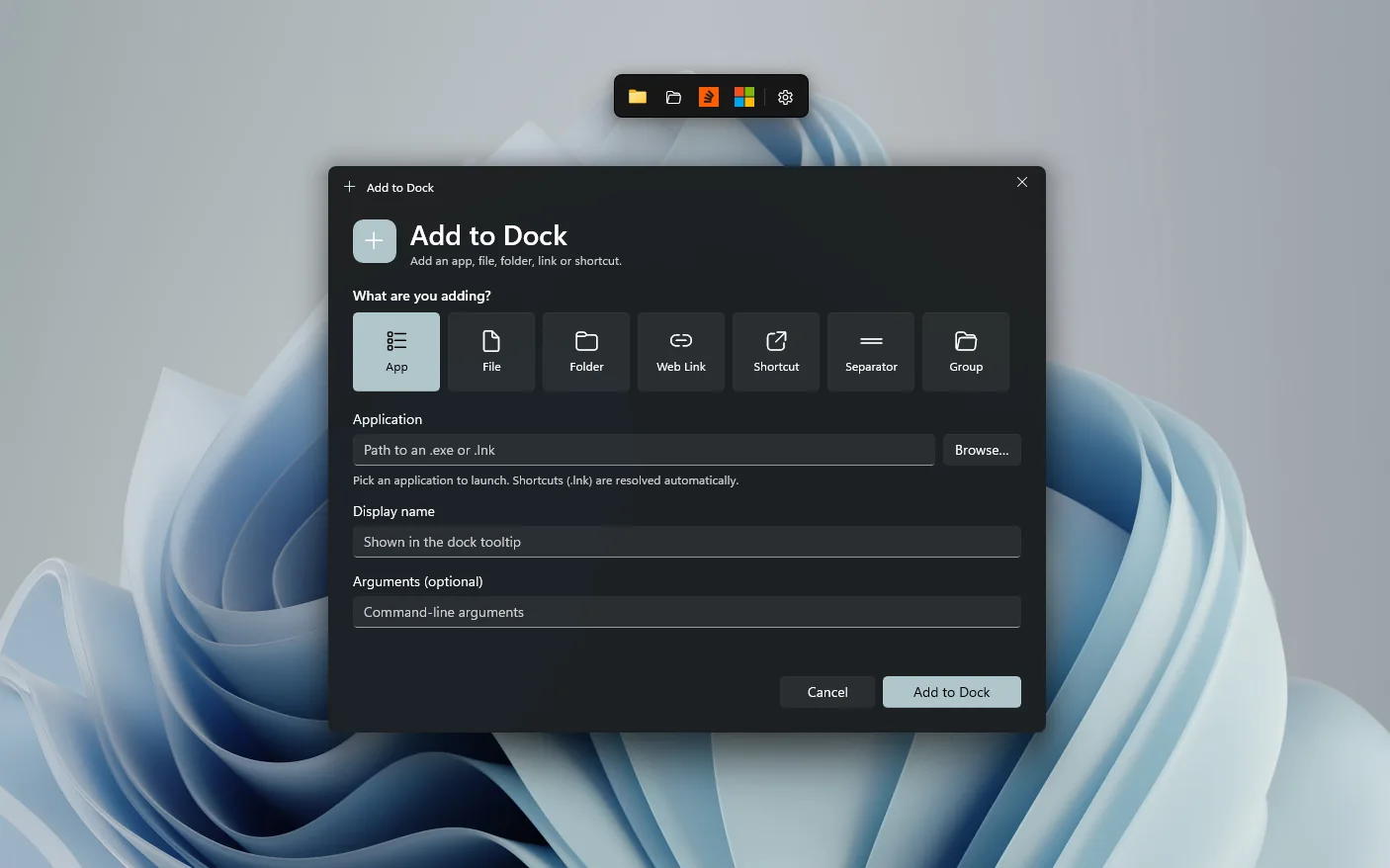 The Add to Dock window with seven type buttons: App, File, Folder, Web Link, Shortcut, Separator and Group.