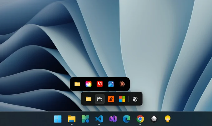 A group's fly-out bar opening above the dock with five more apps in it.