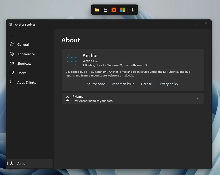 Settings, About page