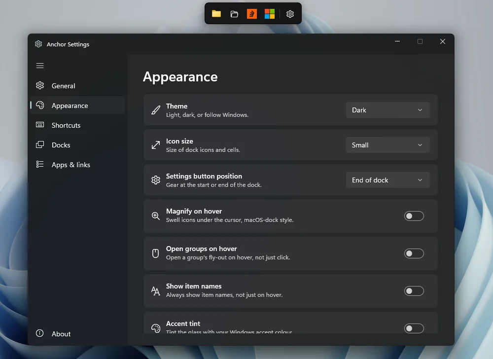 Anchor Settings open on the Appearance page with theme, icon size and magnification options.