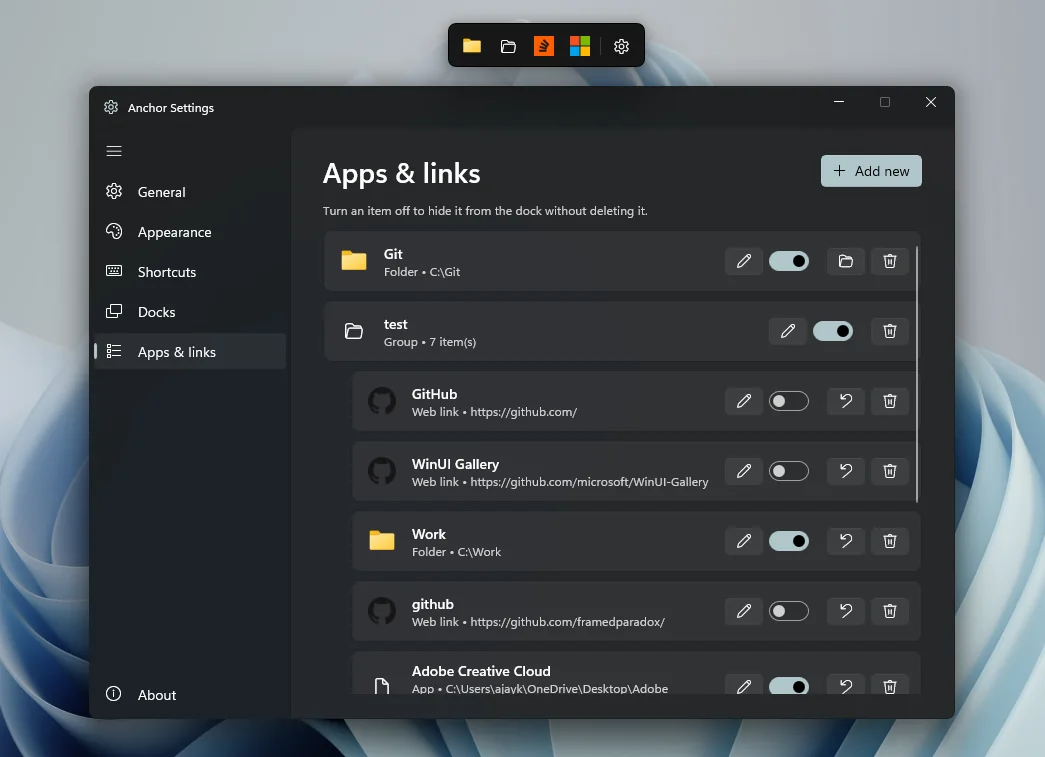 Settings, Apps and links page