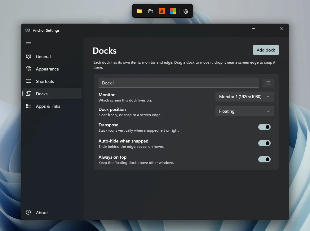 Settings, Docks page