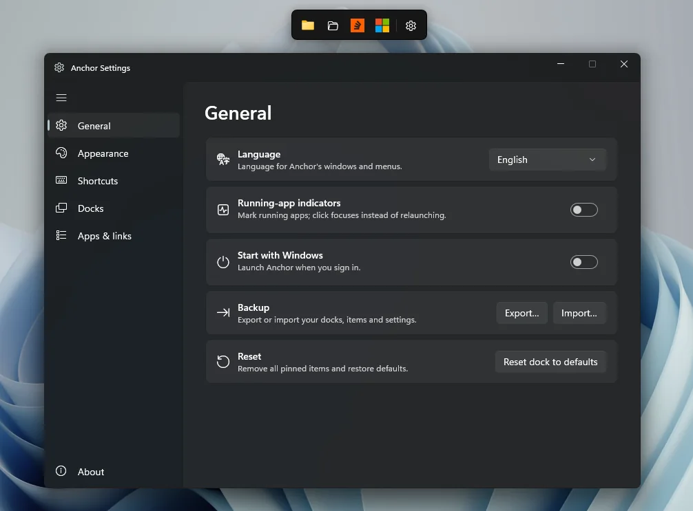 Settings, General page