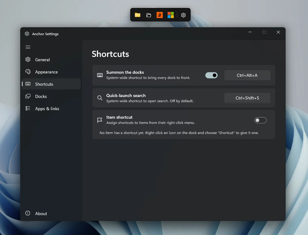Settings, Shortcuts page